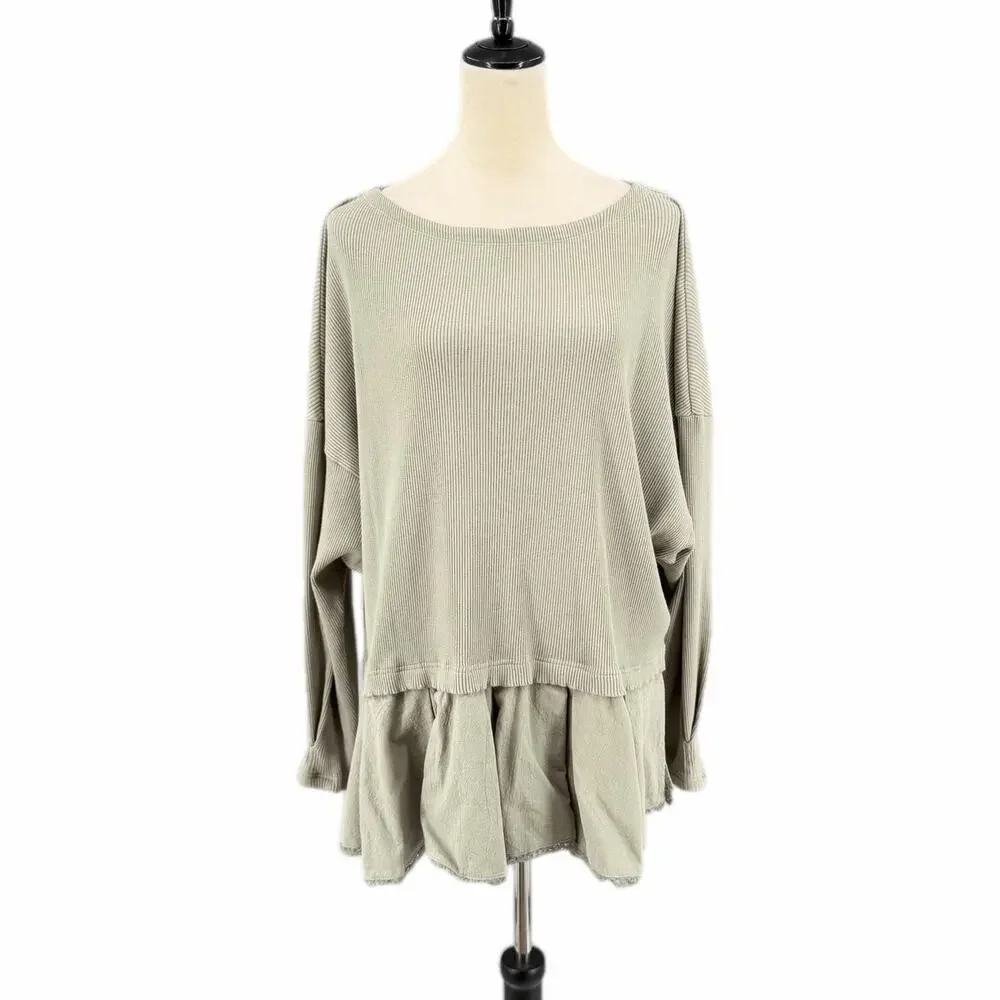 Free People Olive Green Ribbed Slouchy Flowy Hem Boho Chic Oversized Tunic Top